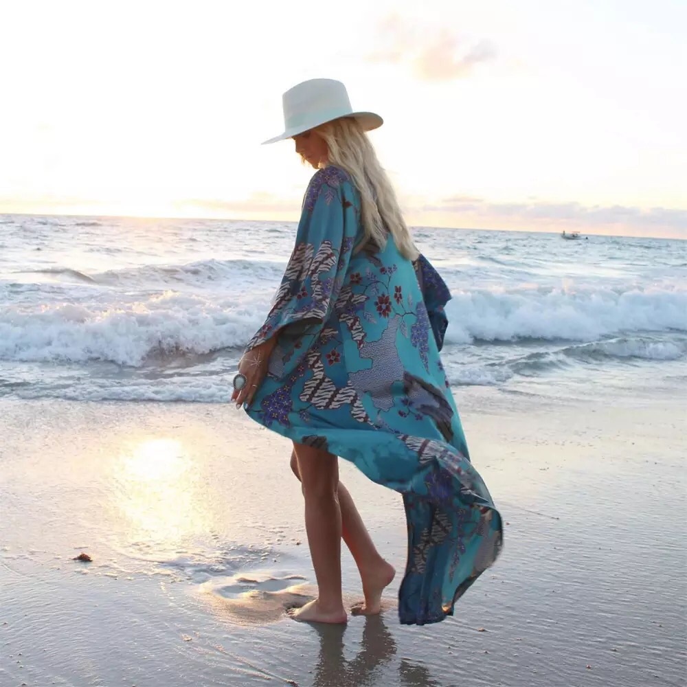 NEW Stunning Tribal Sakura Blue Floral Boho Kimono - Picture 2 of 8